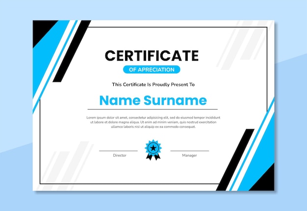 Modern certificate design template with abstract blue and black shapes