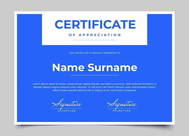 Modern certificate design with blue color and modern minimalist style