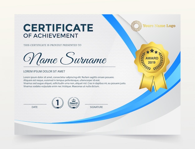Современный сертификат достижения шаблона, золотой и синий цвета.