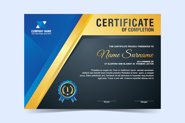 Modern Certificate Template, trendy and stylish with Blue and Gold color design