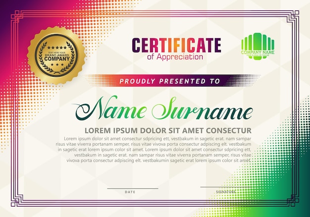 Modern certificate template with diagonal halftone ornament on background vector illustration