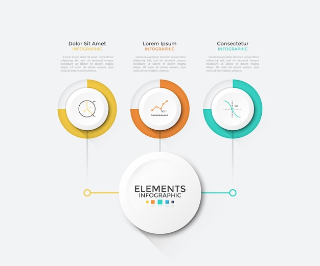 Grafico moderno con 3 elementi rotondi di carta bianca collegati al cerchio principale. modello di progettazione infografica pulito. illustrazione vettoriale per schema aziendale, visualizzazione delle caratteristiche del progetto di avvio.