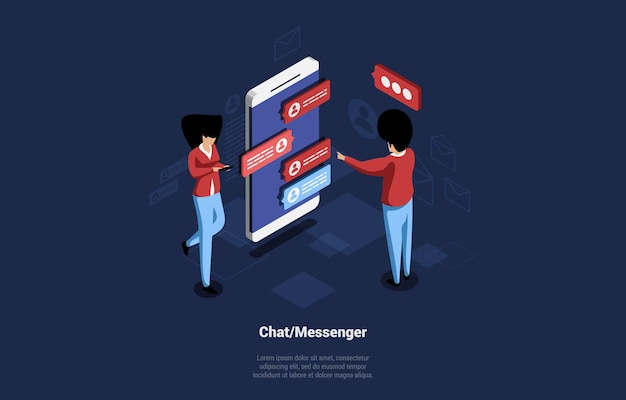 Illustrazione isometrica del fumetto moderno di chat o messenger. composizione su sfondo scuro con i personaggi. uomo e donna che comunicano tra loro tramite smartphone utilizzando le bolle di testo.