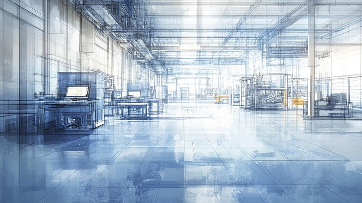 Vector modern chemical manufacturing plant on a blueprint technological background with a stylized digital wave concept of modern technology the new industrial revolution information technology vector