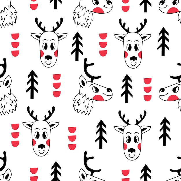Vector modern christmas doodle seamless pattern with reindeer