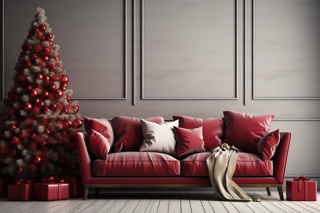Vector modern christmas living room with sofatree and present 3d rendering