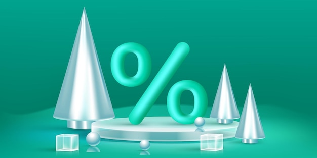 Concetto moderno dell'insegna di vendita di natale 3d albero del cono di natale vicino al podio con l'icona di percentuale sulla menta