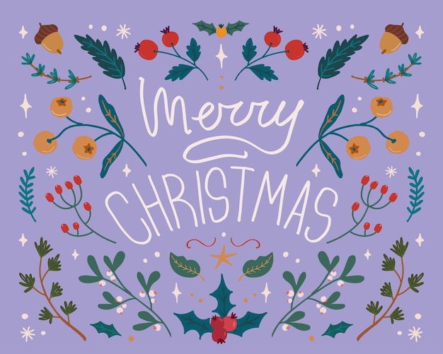 フォークスタイルのモダンなクリスマス対称装飾カード メリークリスマス文字 手描きベクトルイラスト