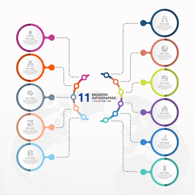 Moderno modello di infografica a cerchio con 11 passaggi e icone aziendali per la presentazione