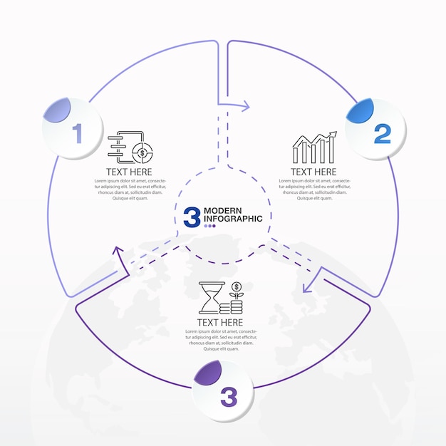 Современный шаблон инфографики круга с тремя шагами и бизнес-иконами для презентации