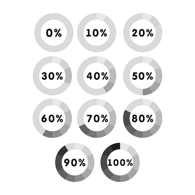 Vettore illustrazione vettoriale del set di icone della percentuale di caricamento e buffering della barra di avanzamento del cerchio moderno