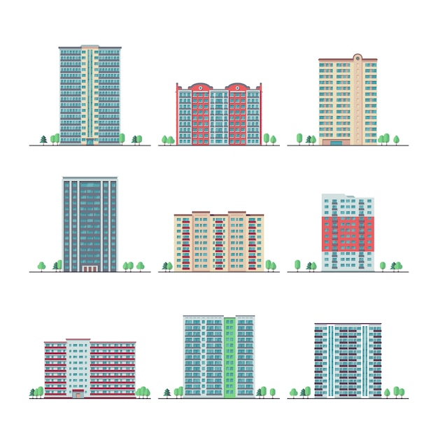 Modern city apartment buildings flat vector set. Building skyscraper apartment, urban home residential illustration