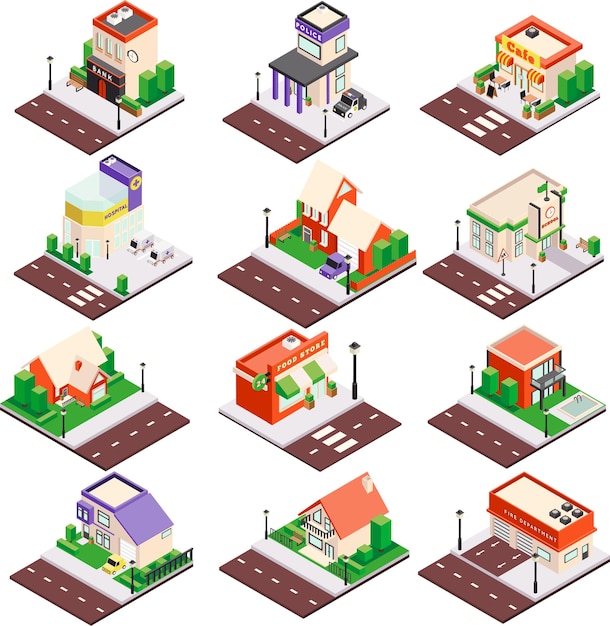 La raccolta isometrica degli edifici di architettura moderna della città con l'ospedale della banca della stazione di polizia del caffè delle case residenziali ha isolato l'illustrazione di vettore