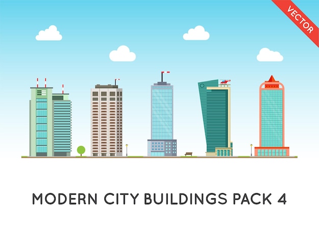 Modern City Buildings and Houses Flat Vector Icons Set