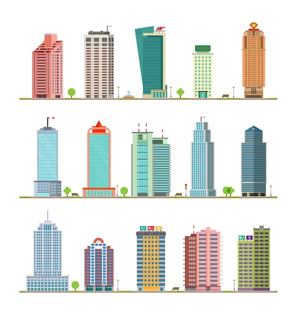 Modern City Buildings and Houses Flat Vector Icons Set