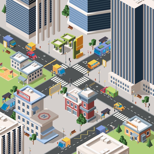 Vector modern city crossroad detailed isometric . megapolis streets with skyscrapers, buildings and vehicles. urban scenery. town infrastructure. district scene in 3d style