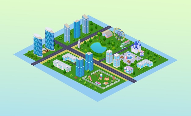 Modern city exterior map isometry. infrastructure street district skyscraper downtown, childish park with attraction carousel, kids playground with slides, residential apartment house vector cartoon