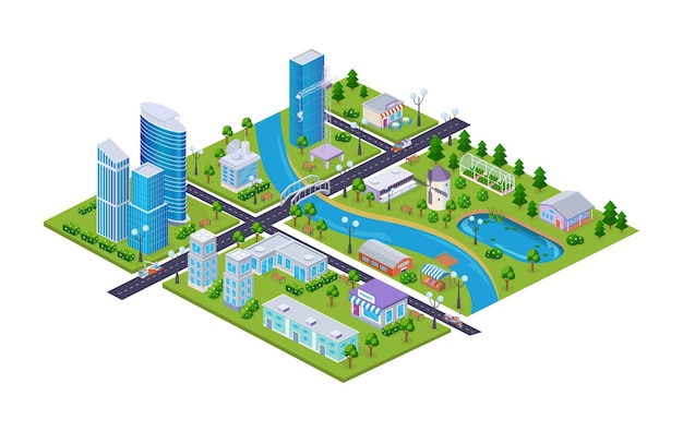 Isometria della mappa esterna della città moderna. grattacielo del distretto di strada dell'infrastruttura in centro, parco infantile con giostra di attrazione, parco giochi per bambini con scivoli, fumetto di vettore di condominio residenziale