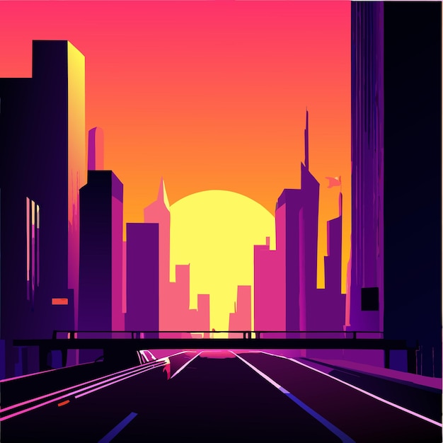 Vector modern city highway in lights of sunrise vector illustration