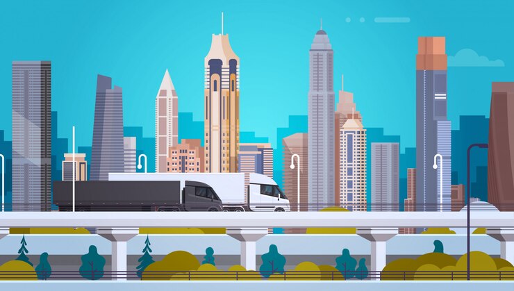 Vector modern city landscape background with semi truck trailers vehicles on highway road
