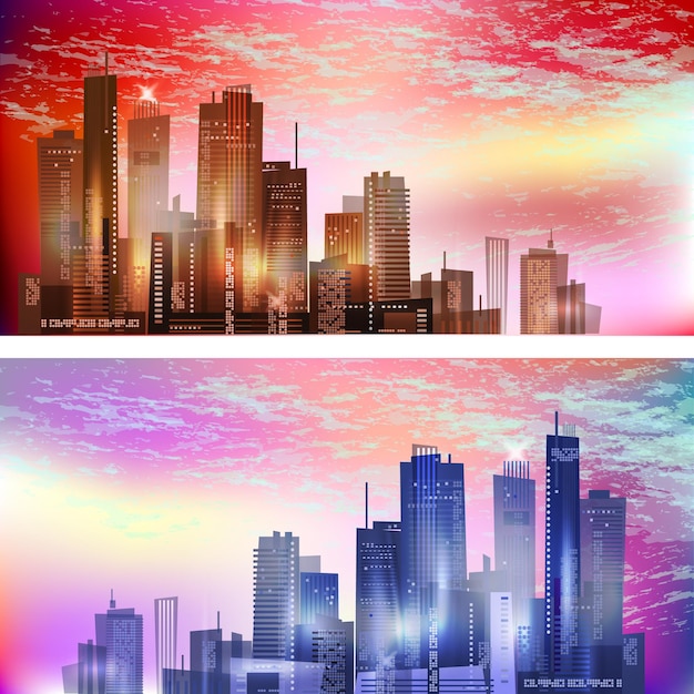 Vector modern city landscape at night header set