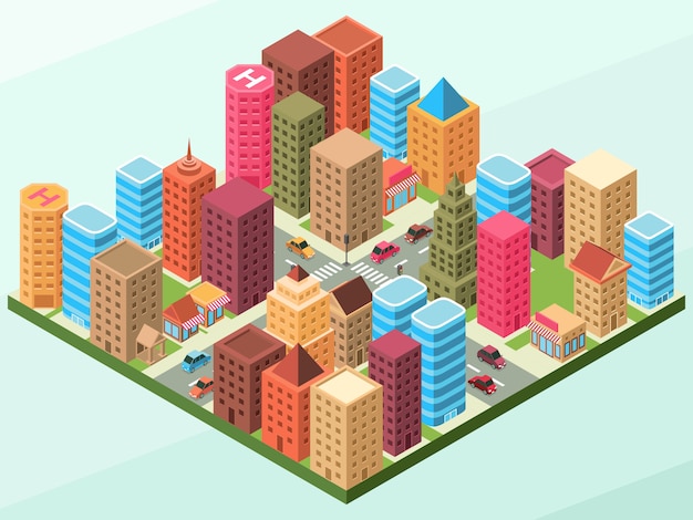 Vector a modern city landscape with some buildings on each block, and having roads with cars and