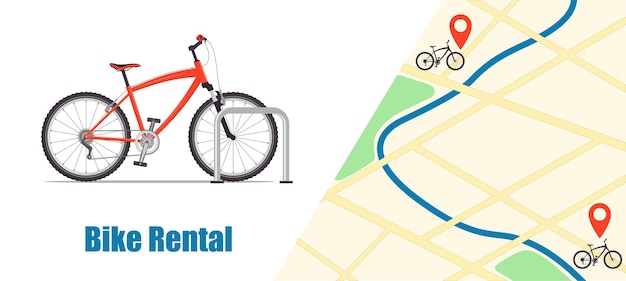 Modern city or mountain bicycle for bike rental service City map with pins and bikes Bike rental banner Bike sharing concept illustration vector