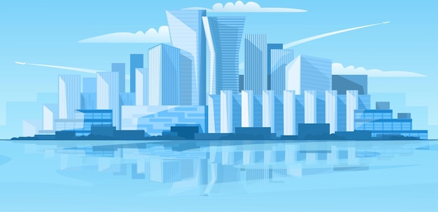 Vector modern city panorama skyscraper megapolis banner on the riverside metropolis architecture