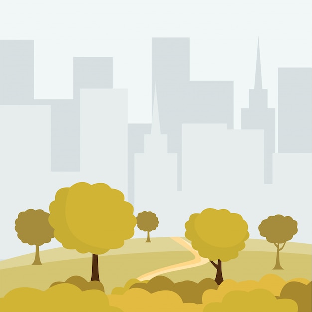 Vector modern city park cartoon vector illustration. green trees and bushes walkway, buildings cityspace