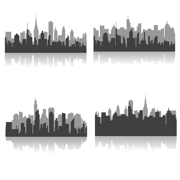 Vettore collezione vettoriale di silhouette moderne della città illustrazione vettoriale delle sagome del paesaggio urbano urbano skyline della città notturna o edifici della città nera isolati su sfondo bianco