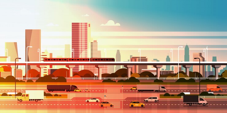 Vector modern city over sunset illustration cityscape with highway road and subway over skyscraper buildings