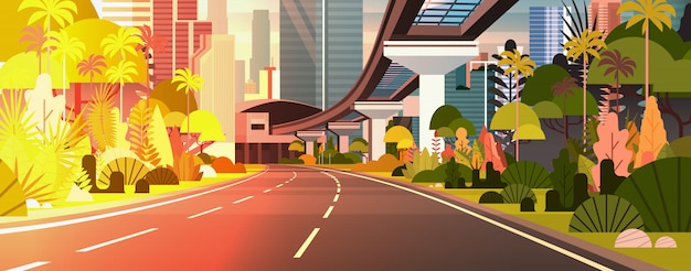 Modern City Sunset View Horizontal illustration Snelweg weg met wolkenkrabbers en spoorwegen