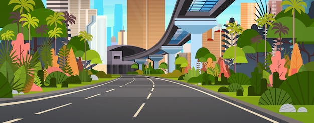 Современный вид на город Горизонтальная иллюстрация Шоссе Дорога с небоскребами и железной дороги