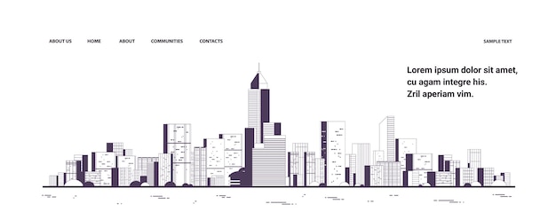 Modern city view skyscraper cityscape background urban life thin line style horizontal copy space