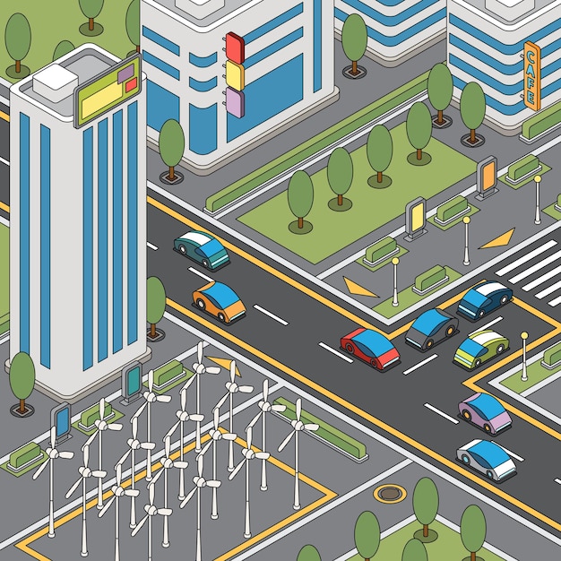 Vector modern city view with moving cars, wind generators and tall buildings illustration