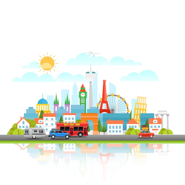 Modern cityscape with different vehicle. vector illustration. travel concept