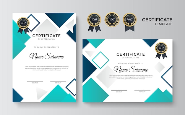 Modern clean dan simple blue green certificate template on white background. certificate of achievement template with gold badge and border