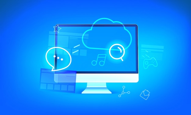 Modern cloud technology  illustration. modern computer with shining icons and cloud