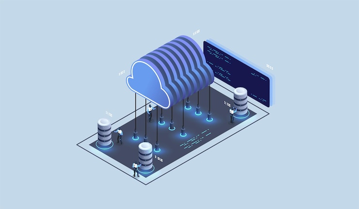 Vector modern cloud technology and networking concept. cloud database, futuristic server energy station.