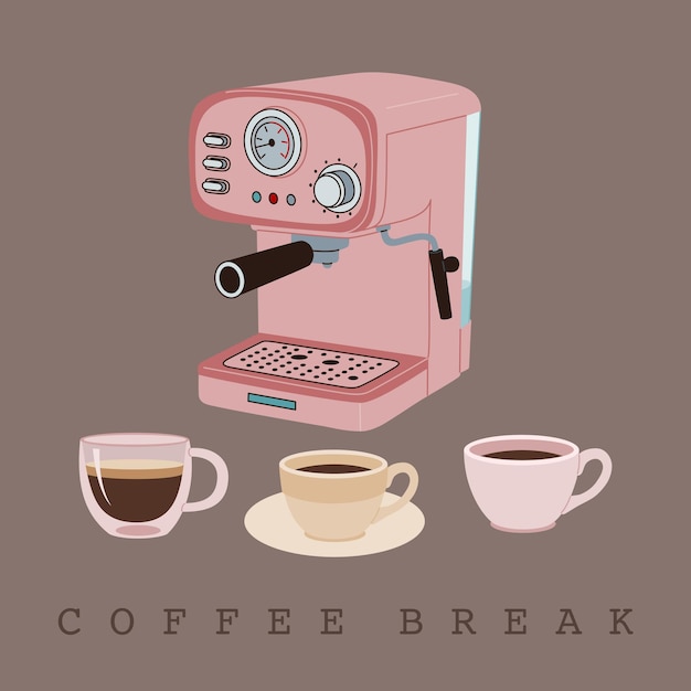 벡터 에스프레소 음료를 만들기 위한 커피 장비 3잔을 갖춘 복고풍의 현대적인 커피 머신