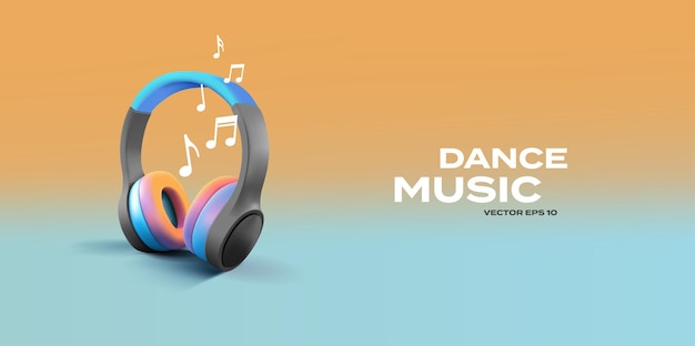 Modern color portable 3d headphones with notes and music banner for dance music design concept