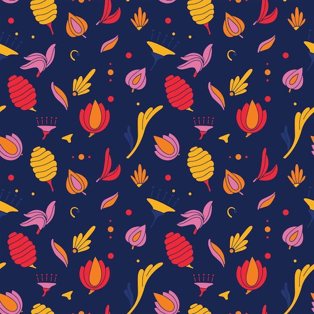 Modern colored seamless blue pattern with flowers and geometric elements Purple orange pink