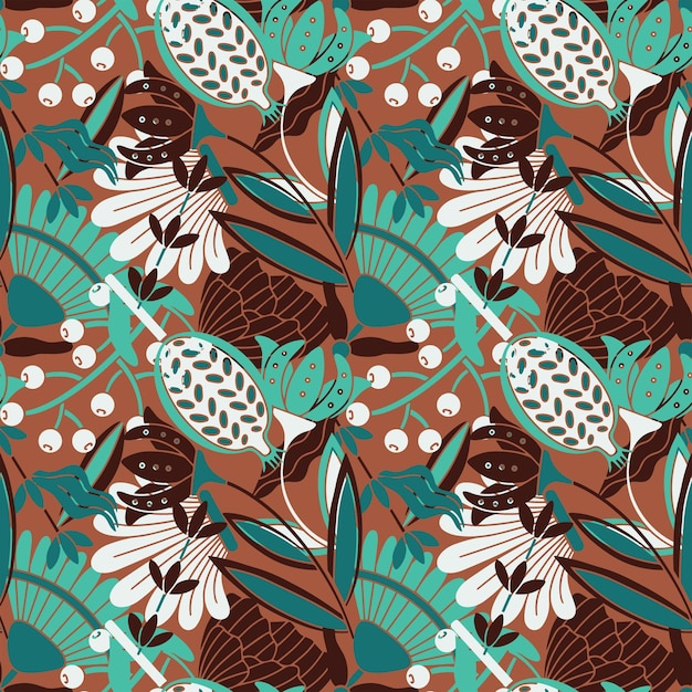 Modern colored seamless pattern with flowers and geometric elements Green brown white colors