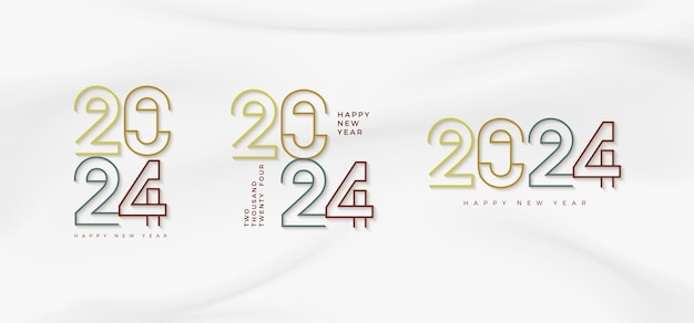 白い背景にモダンなカラフルな 2024 年ライン アート デザイン ポスター バナー挨拶と新年あけましておめでとうございます 2024 のお祝いのためのプレミアム ベクター デザイン