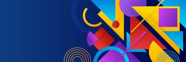 현대 다채로운 블루 오렌지 퍼플 레드 그라데이션 추상적인 기하학적 멤피스 배너 배경 디자인 라인 사각형 삼각형 점 하프톤 및 원 벡터 일러스트와 함께 추상적인 배경