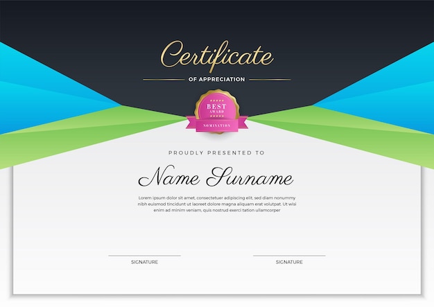 Modern colorful certificate of achievement border template with luxury badge and modern line pattern for award business appreciation and education needs