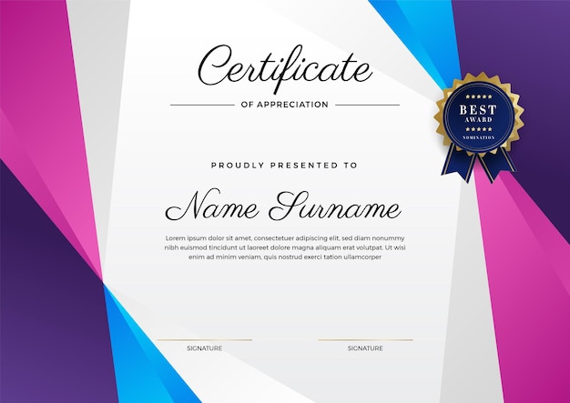 Modern colorful certificate of achievement border template with luxury badge and modern line pattern For award business appreciation and education needs