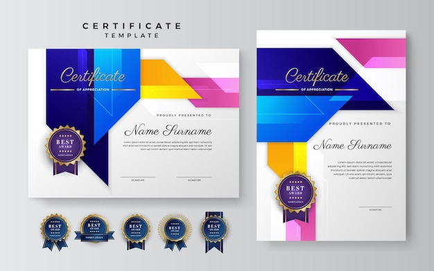 Modello moderno e colorato per il conseguimento del premio di design del certificato certificato con diploma di modello di lusso illustrazione vettoriale e design di badge premium di lusso con vintage ed etichette