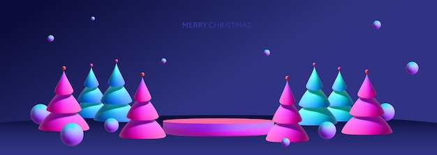 Modern colorful christmas greeting card with empty podium or stage for product showing or