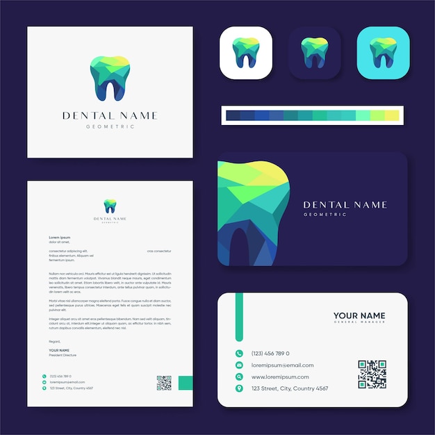 Vettore ispirazione del logo moderno e colorato della clinica dentale e design del biglietto da visita
